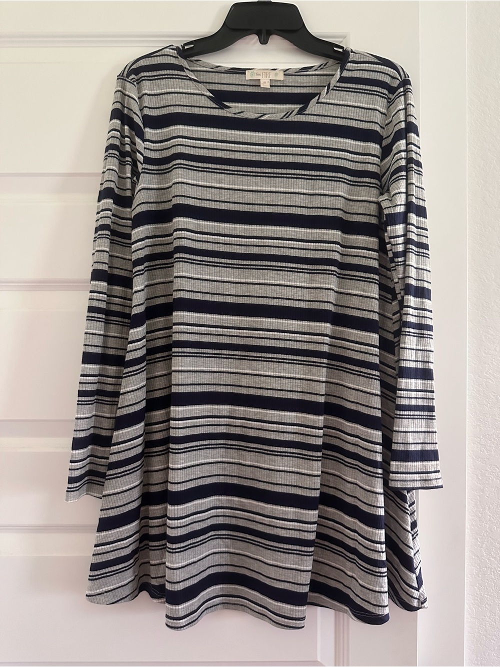 love, Fire Striped Long-Sleeve Swing Dress - Navy and Gray